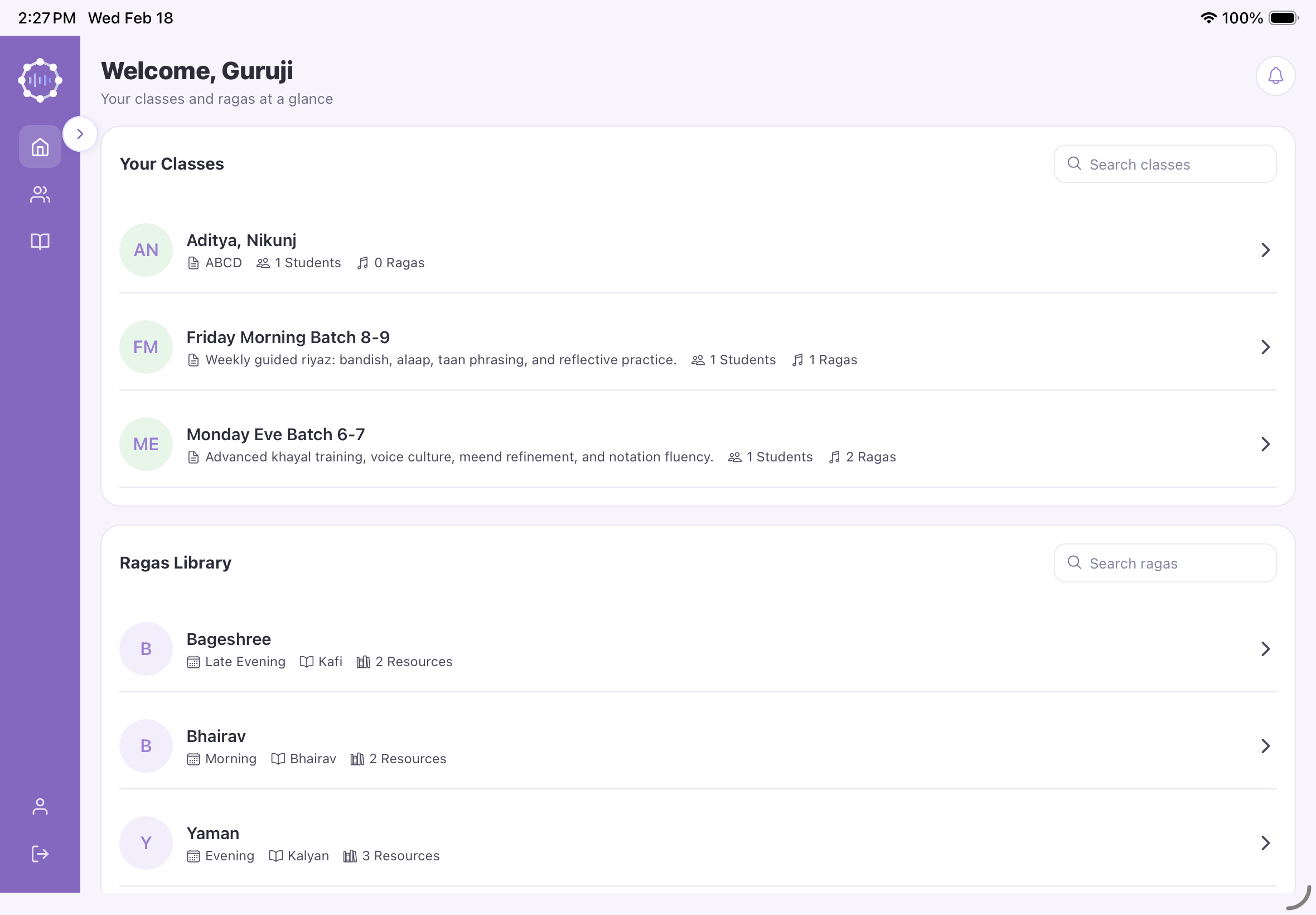 Teacher dashboard view